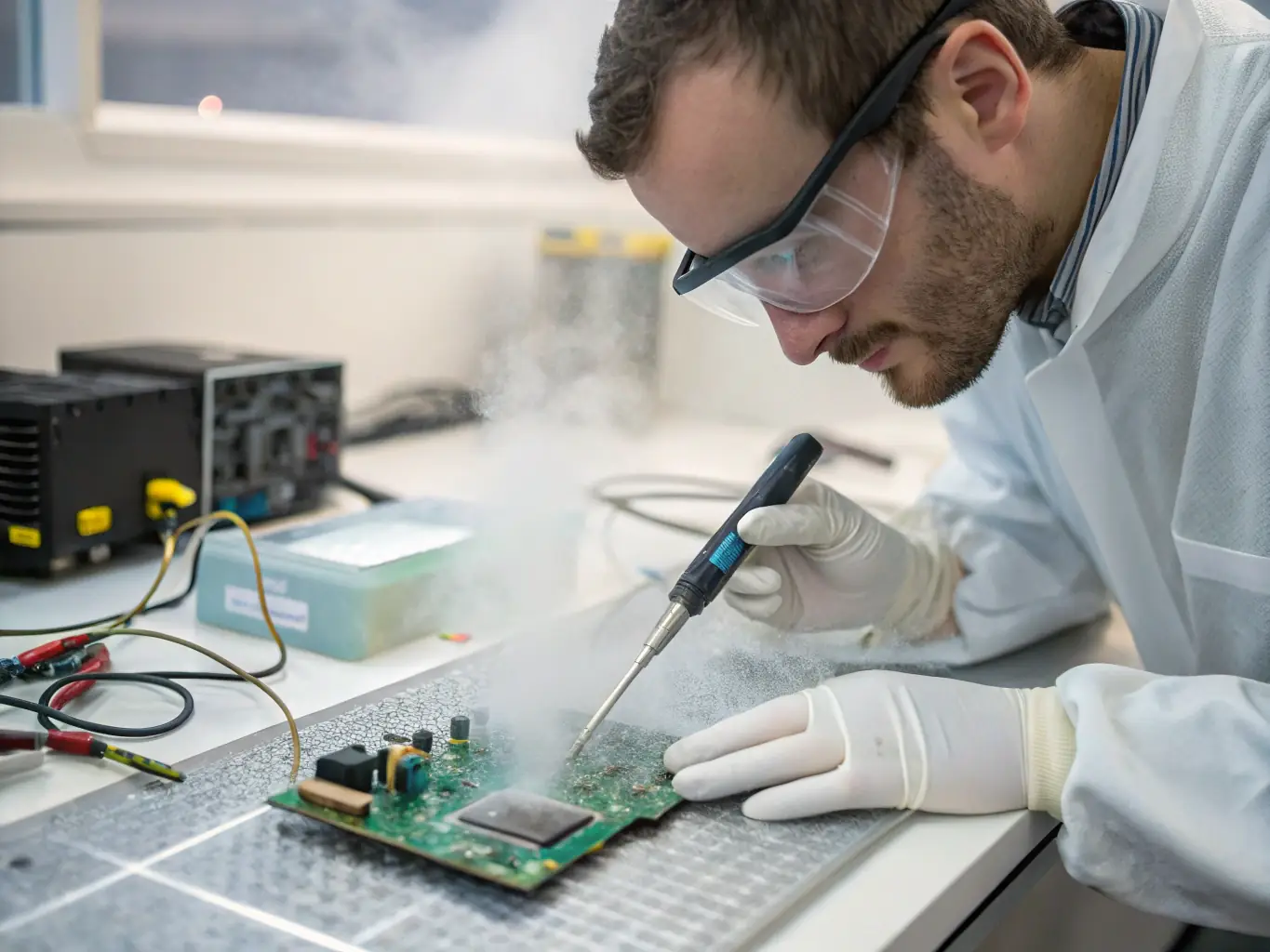 An image of a technician carefully cleaning a delicate electronic component with dry ice blasting, emphasizing the non-abrasive nature of the process.