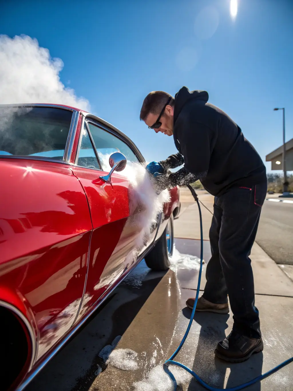 An image showcasing the use of dry ice blasting on a classic car, emphasizing the non-abrasive nature of the cleaning process.