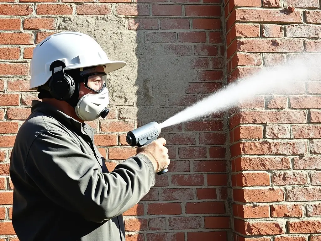 A worker uses dry ice blasting to remove paint from a brick wall, demonstrating the method's effectiveness in surface preparation and restoration.