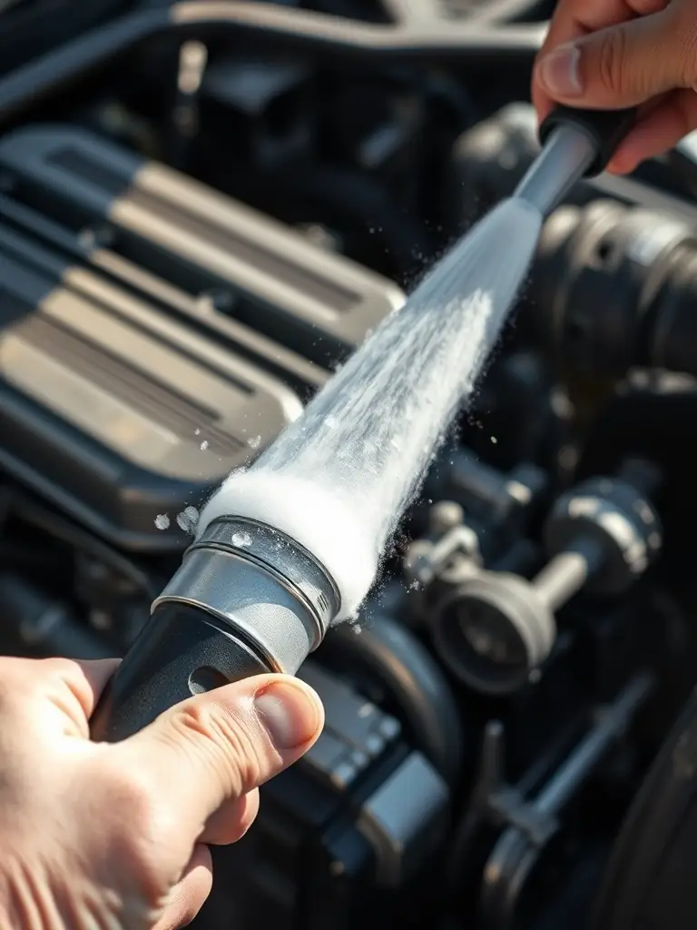 A close-up shot of dry ice blasting equipment in action, removing grime from an engine component in an automobile detailing setting, showcasing the precision and effectiveness of the cleaning process.