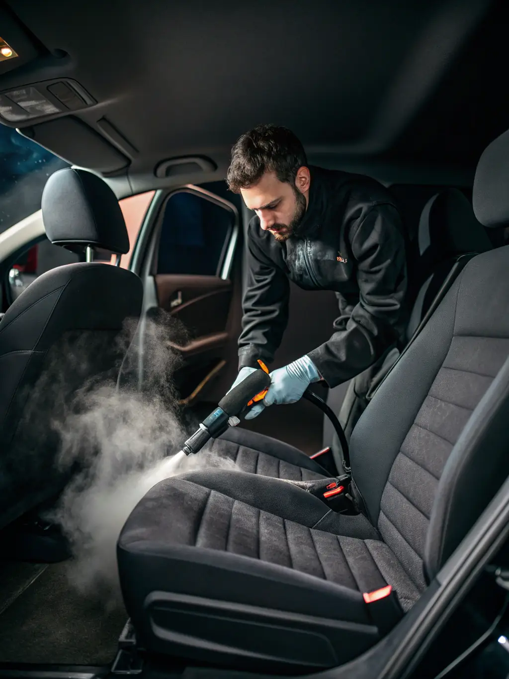 An image of a car's interior being cleaned with dry ice blasting, highlighting the removal of stains and odors.