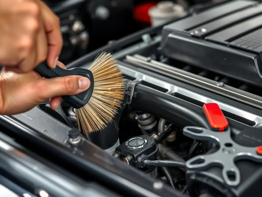 A close-up shot of a technician using dry ice blasting equipment to clean the engine bay of a car, showcasing the precision and effectiveness of the cleaning process.