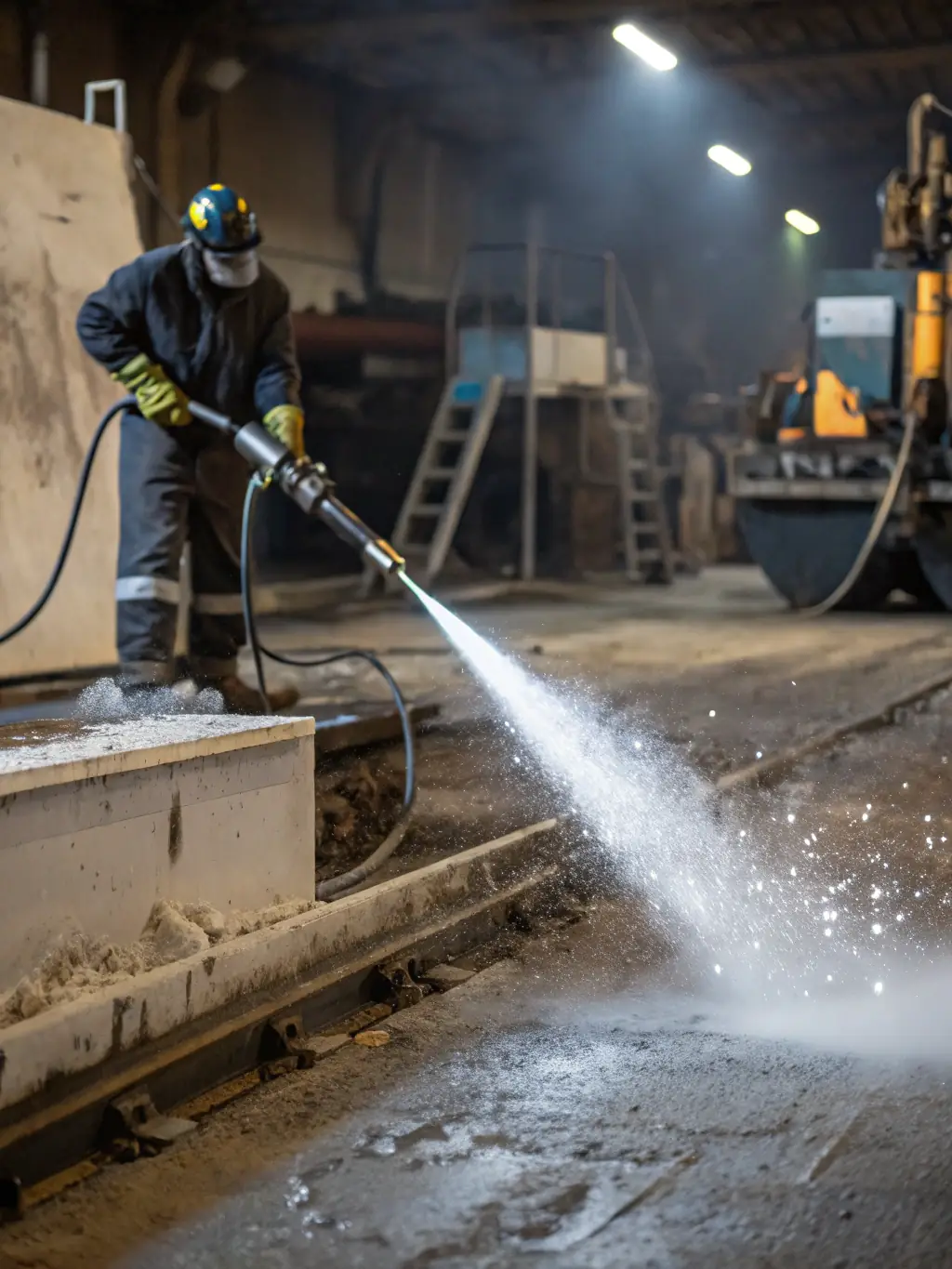 An image illustrating the eco-friendly aspect of dry ice blasting, with dry ice pellets sublimating into harmless gas, emphasizing the absence of chemical residue.
