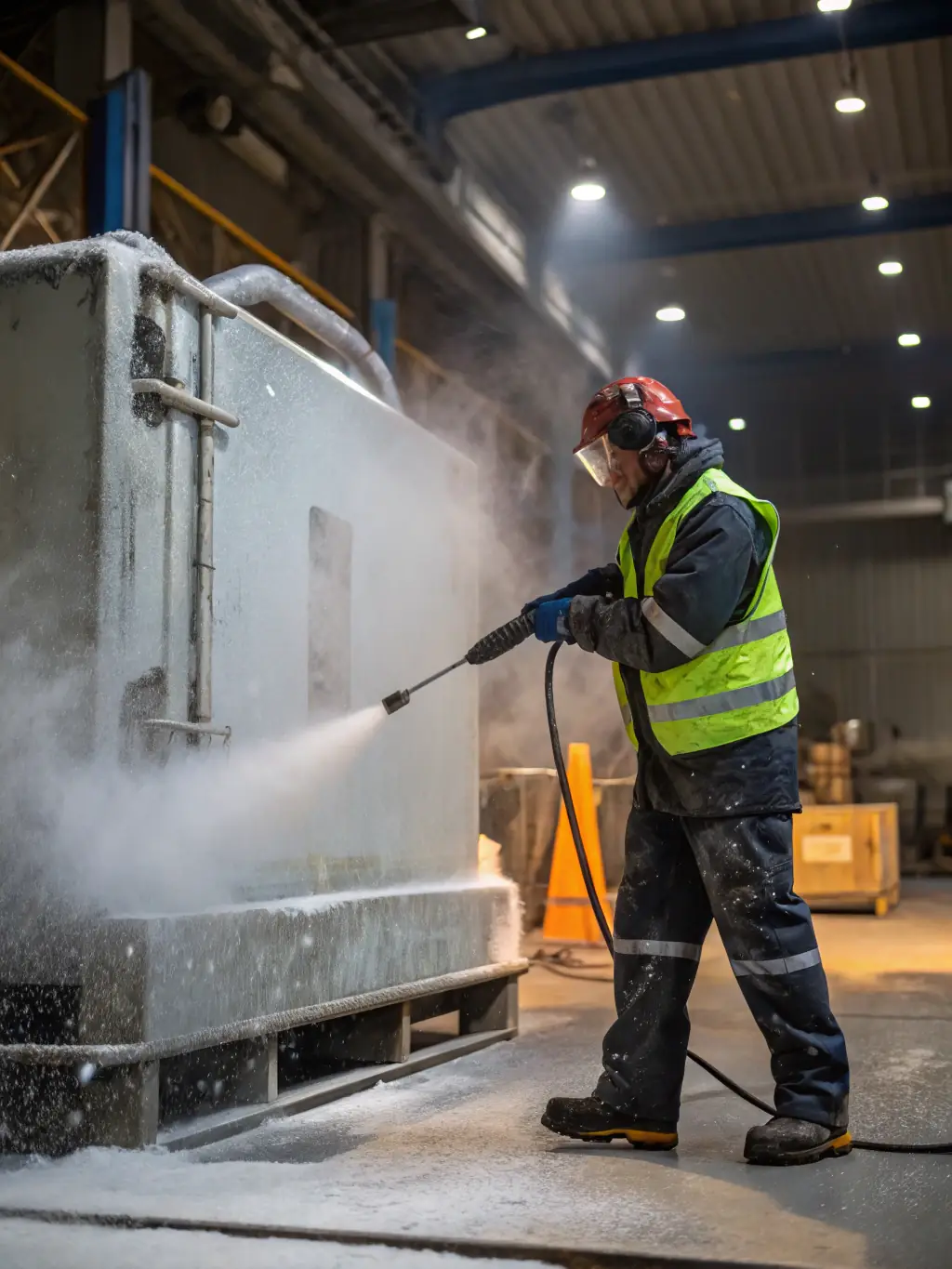A technician using dry ice blasting to clean intricate parts of a car engine, highlighting the versatility and effectiveness of the method in automobile detailing.