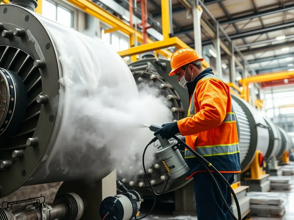 A technician uses dry ice blasting to clean industrial machinery, highlighting the method's ability to remove tough residues and contaminants.